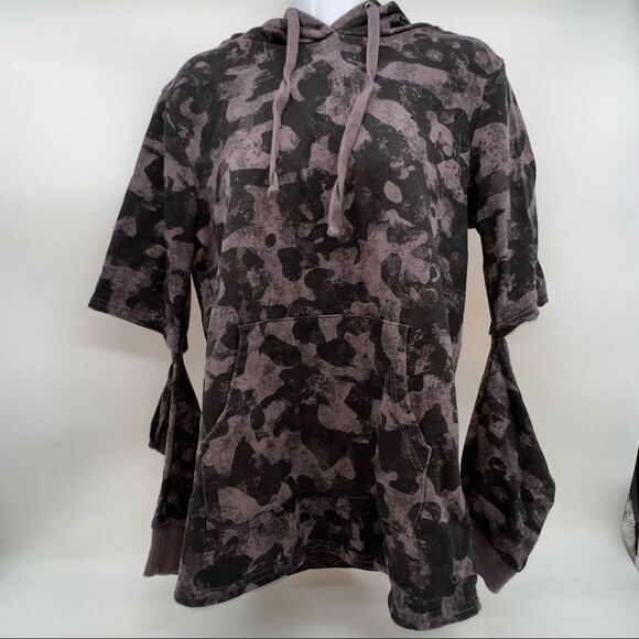Mona B 100% Cotton Gray and Black Camo Patterned Hoodie with Open Elbows Size S - Picture 1 of 8